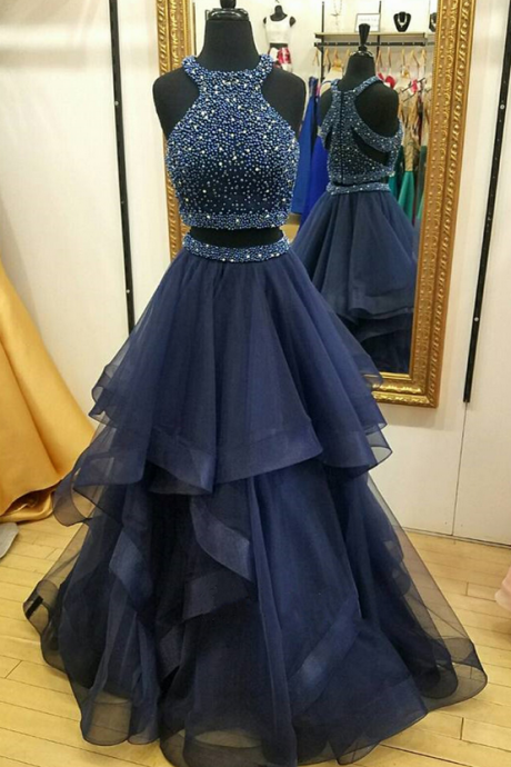 Charming Navy Blue Prom Dress,two Piece Prom Dresses,ball Gown Prom Dress,long Party Dresses, 2 Piece Prom Dress, Beading Prom Dress, Senior