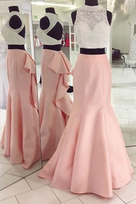 Crop Top Prom Dress, Sexy Two Piece Long Prom Dress 2017, Pink Mermaid Prom Dress, Beaded Prom Dress, Semi Formal Prom Dress, Charming Prom