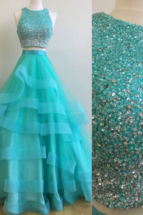 Two Pieces Sequin Long Prom Gown, Beading Prom Dress. Two Piece Prom Dress, Green Evening Dress, Senior Prom Dress, Prom Dress For Teens