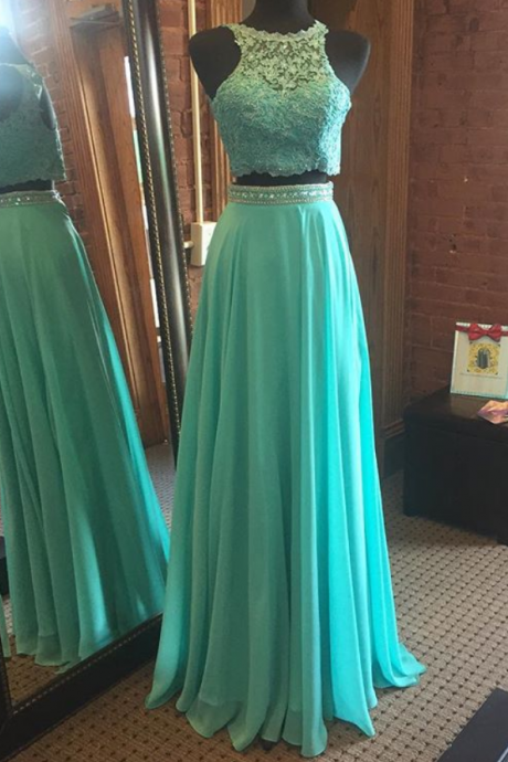 Mint Green Two Piece Prom Dress, Keyhole Back Formal Gown With Lace Appliques Crop Top