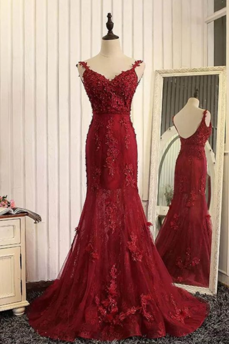 Red Tulle Lace Applique V-neck Open Back Long Prom Dresses, Mermaid Dresses, Burgundy Prom Dress, Charming Lace Prom Dress, Formal Dress, Woman