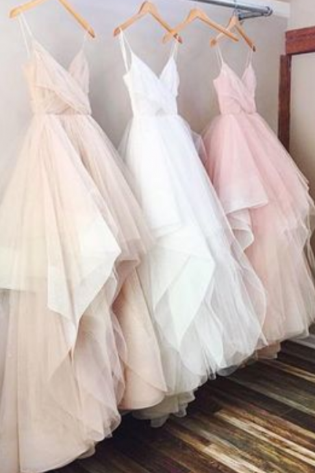 Gorgeous A-line V-neck Spaghetti Straps Long Wedding Dress,2017 Wedding Dress,pink Wedding Dress,long Wedding Dress,white Wedding Dress,champagne