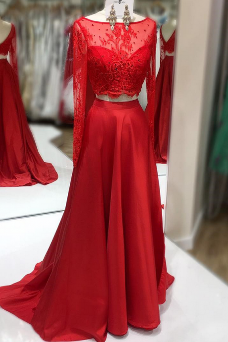 Red Boat Neckline Two Piece Prom Dress, Long Sleeve Formal Gown, Long Party Dress
