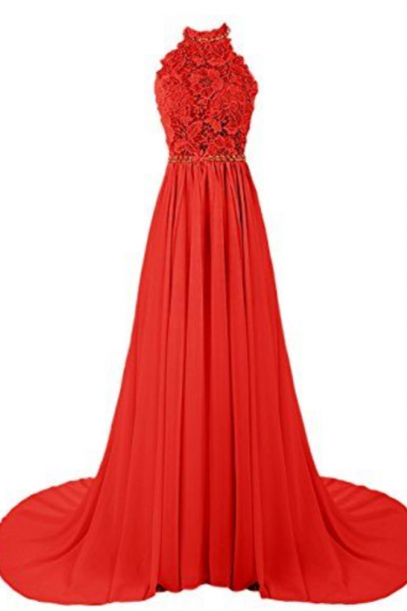 Charming Prom Dress,halter Prom Dresses, Lace And Chiffon Prom Dress, Red Prom Dresses, Long Prom Dresses, Backless Prom Dress, Noble Prom