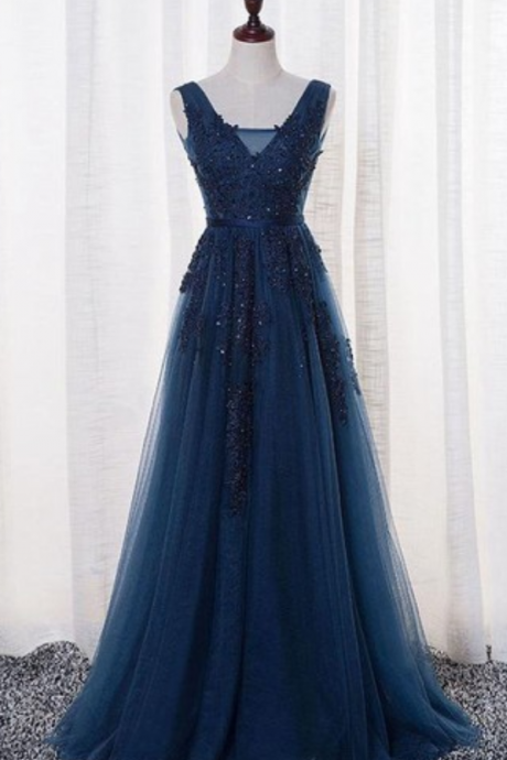 Elegant Tulle Prom Dress, Lace Prom Dress, Navy Blue Long Prom Dress With Open Back, Formal Dresses, Woman Evening Dress