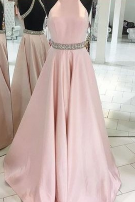 Prom Dress, Crystals Beaded Bellt Prom Dress, Long Prom Dress, Pink Backless Prom Dress,halter Prom Dress,evening Dress