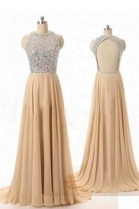 High Neck Chiffon Floor-length Dress Featuring Beaded Bodice With Open Back