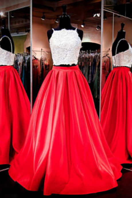 Gorgeous Two-piece Square Neck Red Floor-length Prom Dress With Lace, Prom Dress,evening Gowns For Teens