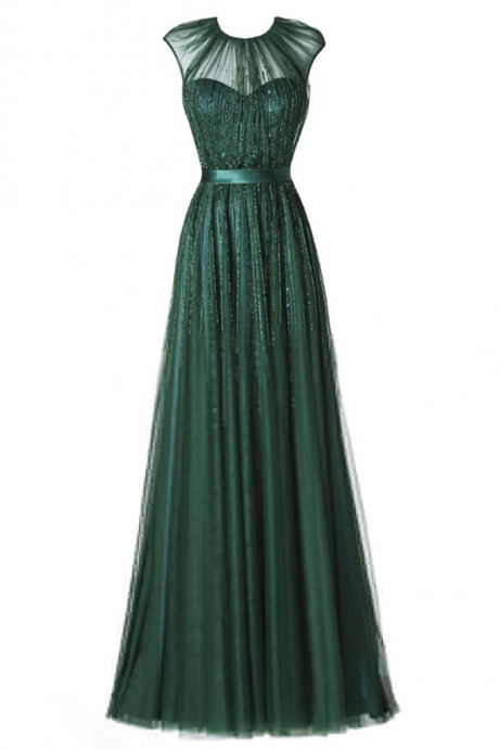 Prom Dress,glamorous Round Neck Floor-length Pleated Dark Green Prom Dress With Beading