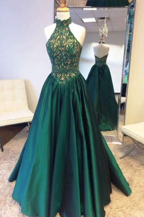 Prom Dress,elegant Halter Sweep Train Hunter Prom Dress With Lace Beading
