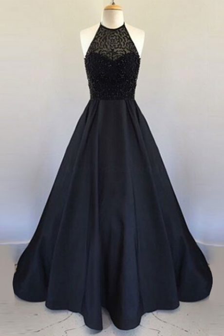 Prom Dresses,a Line Halter Floor Length Black Pleated Prom Dress With Beading