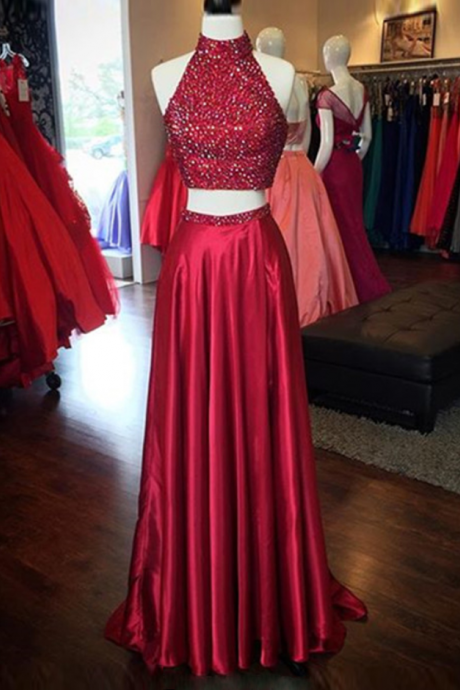 Prom Dresses,long Prom Dresses,red High Neck Two Piece Evening Dresses Online Sleeveless Split Prom Dress With Beads