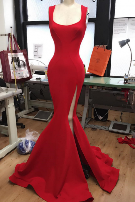 Prom Dress,modest Prom Dress,long Red Jersey Prom Dress,elegant Formal Dress,slit Prom Dress,red Evening Gowns,prom Dress