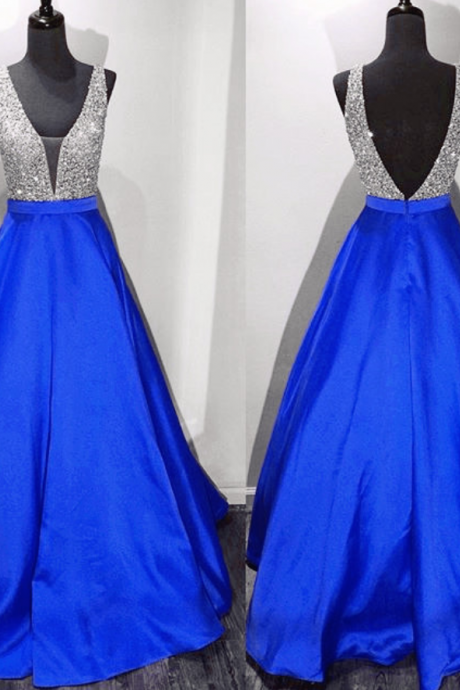 Arrival Prom Dress,modest Prom Dress,long Satin V Neck Royal Blue Prom Dresses Ball Gowns 2017