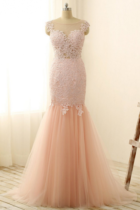 Modest Prom Dresses,sexy Prom Dress,gorgeous Pink Sexy Mermaid Prom Dresses Tulle Lace Applique Long Party Gowns