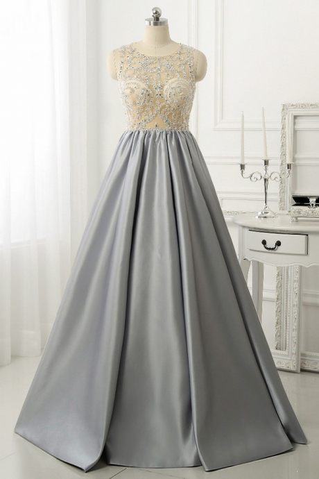 Modest Prom Dresses,sexy Prom Dress,elegant Sparkly Beads Top A-line Evening Dress Open Back Stretch Satin Prom Gown