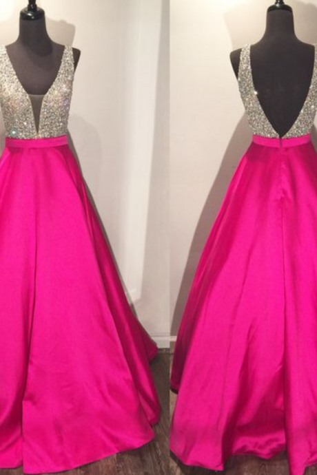 Modest Prom Dresses,sexy Prom Dress,elegant Sparkly Beads Top A-line Evening Dress Open Back Stretch Satin Prom Gown