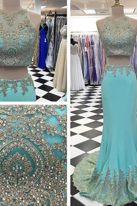 Modest Prom Dresses,sexy Prom Dress, Two Piece Mermaid 2017 Prom Dress Crystal Sleeveless Long Evening Gowns