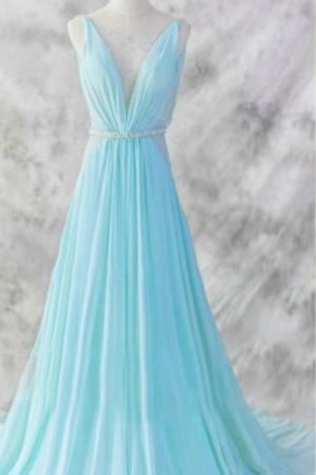Arrival Prom Dress,light Blue Chiffon Long Prom Dresses,elegant A-line V-neck Chiffon Prom Dresses