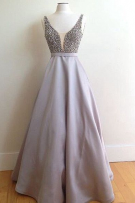 Prom Dress,a-line Beading Long Prom Dress,v-neck Satin Long Prom Dress