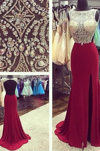 Burgundy Prom Dresses,backless Prom Dress,prom Dress,wine Red Prom Dresses,2016 Formal Gown,open Back Evening Gowns,open Backs Party Dress,beaded