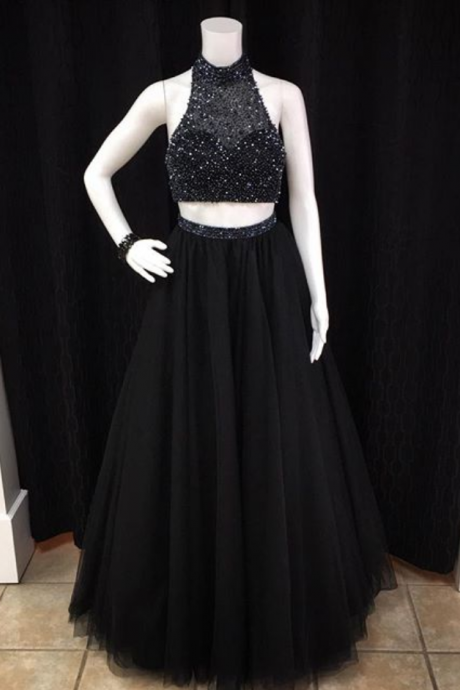 Beaded Prom Dresses,beading Prom Dress,black Prom Gown,2 Pieces Prom Gowns,elegant Evening Dress,two Piece Evening Gowns,2 Pieces Evening