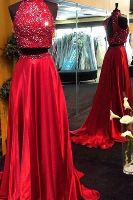 Red Prom Dresses,2 Piece Prom Gown,two Piece Prom Dresses,satin Prom Dresses, Style Prom Gown,2016 Prom Dress,backless Prom Gowns