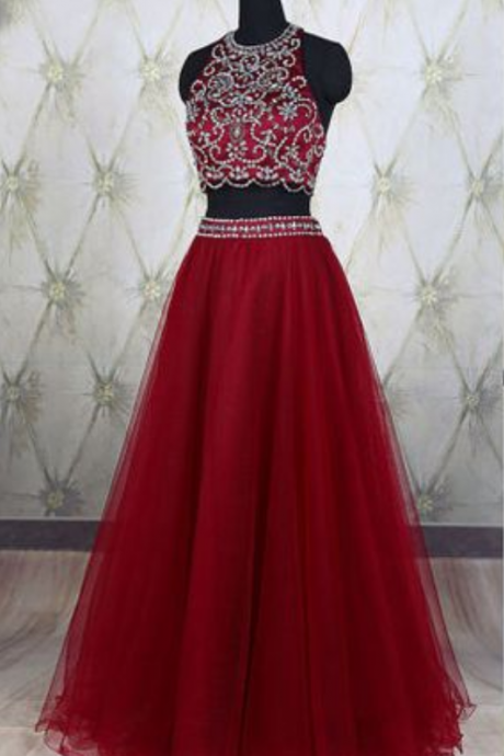 2 Piece Prom Gown,two Piece Prom Dresses,red Evening Gowns,2 Pieces Party Dresses,tulle Evening Gowns,sparkle Formal Dress For Teens