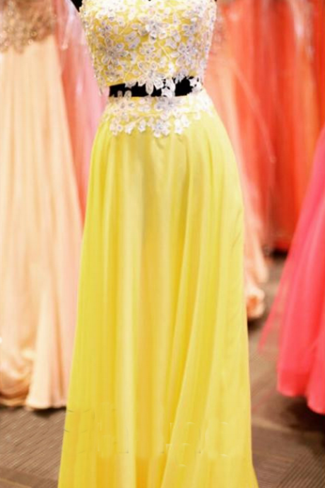 2016 Beaded Prom Dresses,beading Prom Dress,yellow Prom Gown,2 Pieces Prom Gowns,elegant Evening Dress,lace Evening Gowns,2 Piece Evening