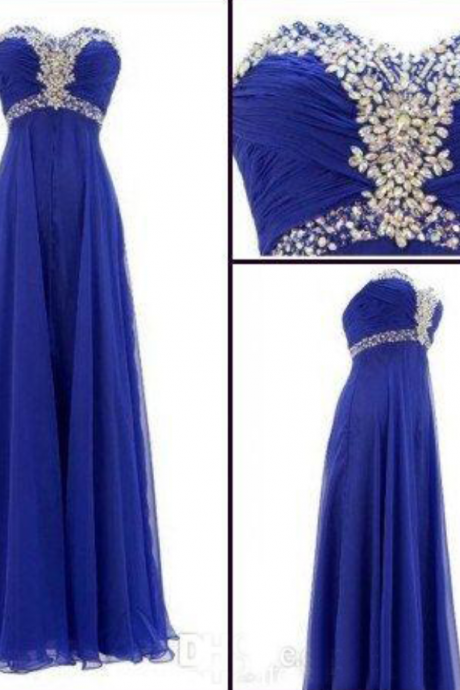 Custom Made Royal Blue Sweet Heart Neckline Embellished With Crystal Beading Long Chiffondress, Prom Dresses, Wedding Dress