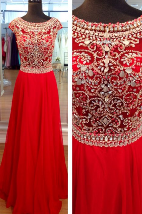 Red Prom Dresses,elegant Evening Dresses,long Formal Gowns,beading Party Dresses,chiffon Pageant Formal Dress,cap Sleeves Evening Gown,modest