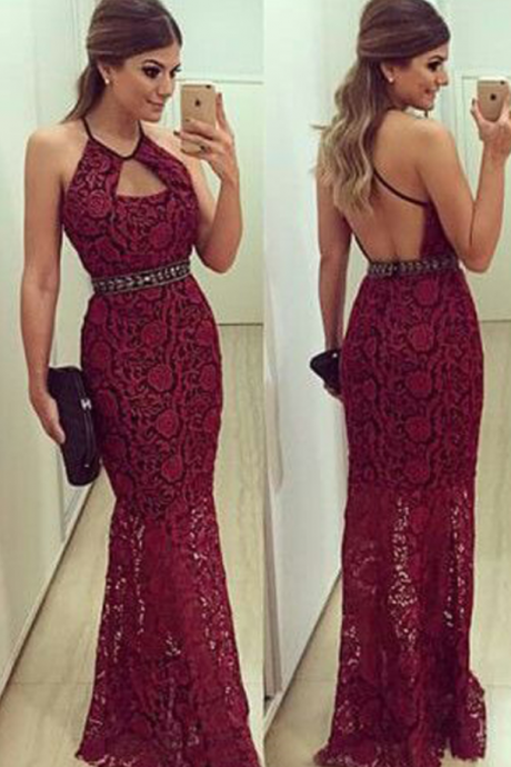 Burgundy Prom Dresses,backless Prom Dress,lace Prom Dress,wine Red Prom Dresses,2016 Formal Gown,open Back Evening Gowns,open Backs Party