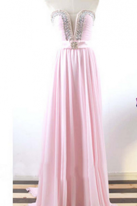 Pink Strapless Sweetheart Plunging Beaded Ruched Chiffon A-line Long Prom Dress, Evening Dress