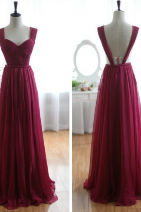 Backless Bridesmaid Gown,burgundy Prom Dress,chiffon Prom Gown,simple Bridesmaid Dress, Evening Dresses,wine Red Bridesmaid Dresses,straps