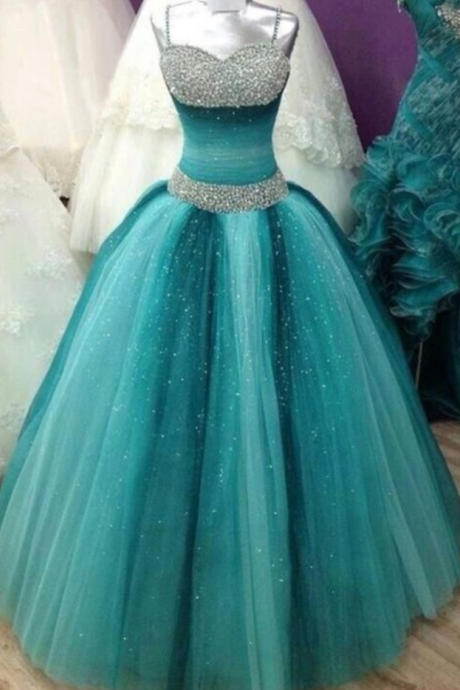 Blue Prom Dress,ball Gown Prom Dress,princesses Prom Gown,beaded Prom Dresses,sexy Evening Gowns,spaghetti Straps Evening Gown,sexy Graduation