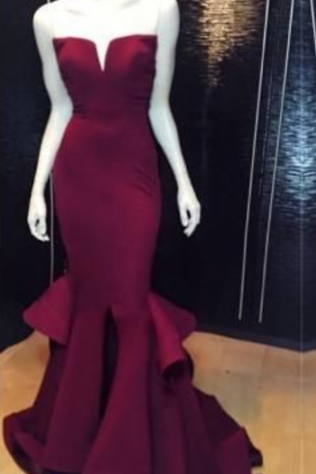 Burgundy Prom Dresses,mermaid Prom Dress,satin Prom Dress,strapless Prom Dresses,2016 Formal Gown,corset Evening Gowns,wine Red Party