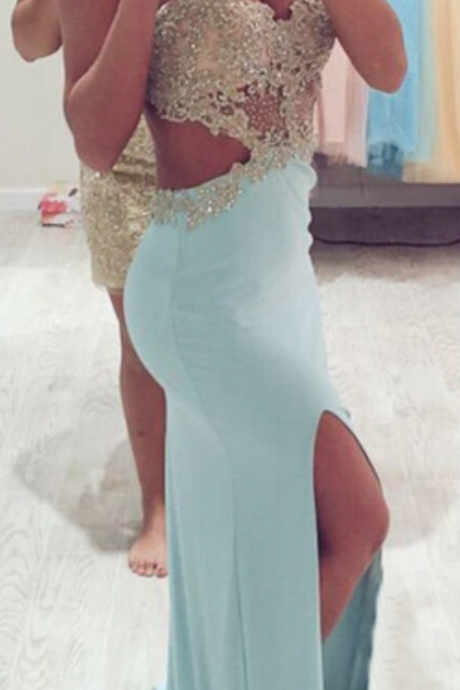 Backless Prom Dresses,blue Prom Dress,open Back Formal Gown,open Backs Prom Dresses,slit Evening Gowns,lace Formal Gown,sparkly Prom Gowns For