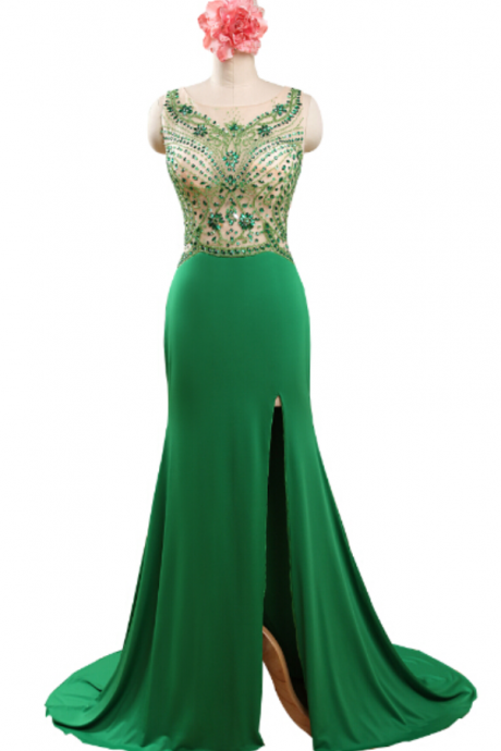 Green Prom Dresses,beaded Evening Dress,backless Prom Dresses,beading Prom Dresses,2016 Prom Gown,slit Prom Dress,princess Formal Gowns For Teens