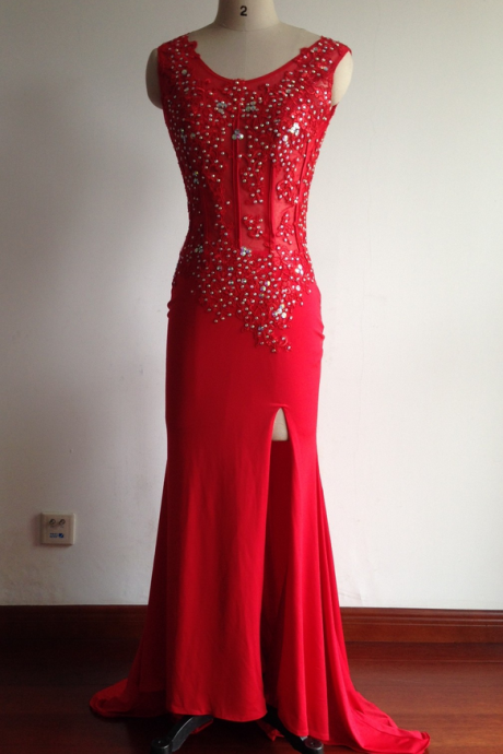 2016 Fashion Prom Dresses,red Prom Dress,slit Formal Gown,red Prom Dresses,beaded Evening Gowns,sexy Formal Gown For Teens