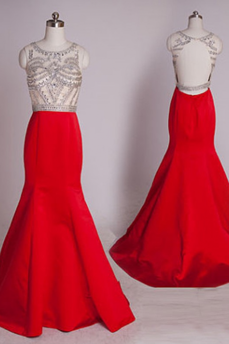 Backless Prom Dresses,red Prom Dress,backless Prom Gown,open Back Prom Dresses,beaded Evening Gowns,mermaid Evening Gown For Teens