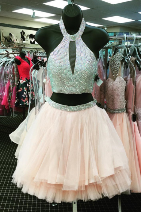 Halter Prom Dress,short Prom Gowns Two Piece Prom Dress Short,two Piece Homecoming Dresses