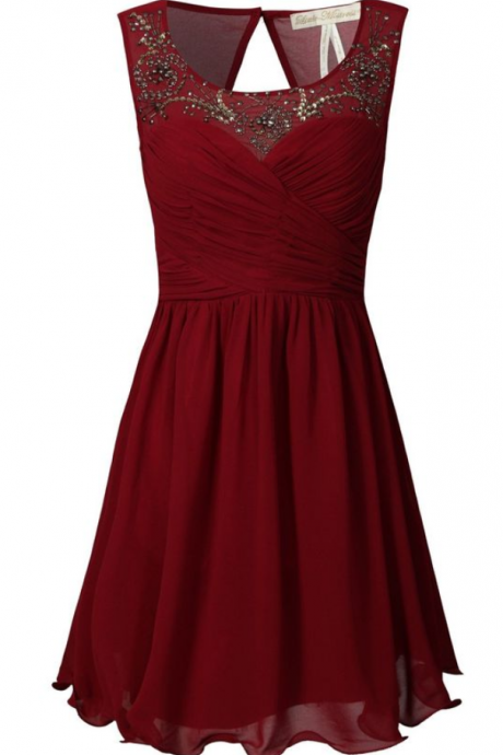 Burgundy A-line Sweetheart Chiffon Short Evening Dress with Beaded Illusion Neckline