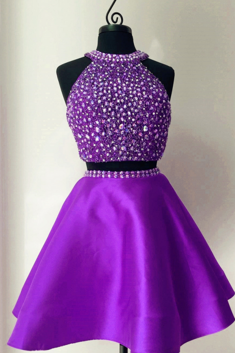 Custom Made Purple Halter Neck Two-piece Crystal Embellished Satin Short Evening Dress, Homecoming Dress, Cocktail Dresses, Graduation Dresses