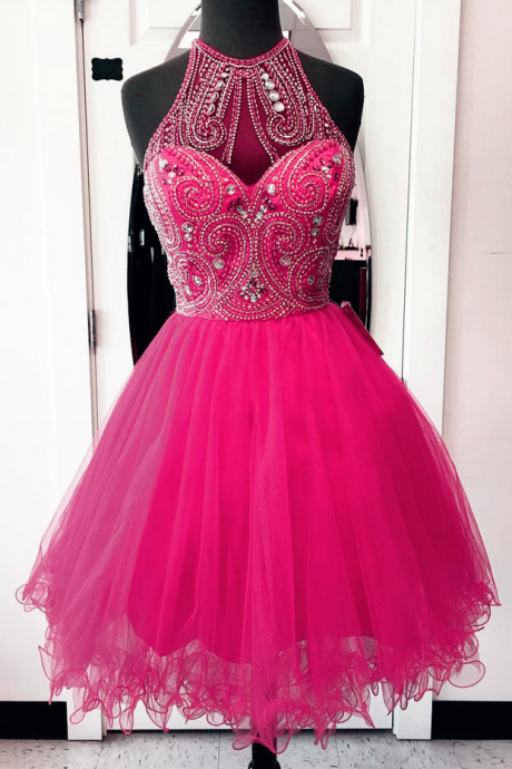Homecoming Dress,high Neck Homecoming Dresses, Pink Prom Dresses,chic Party Dress,women's Cocktail Dress