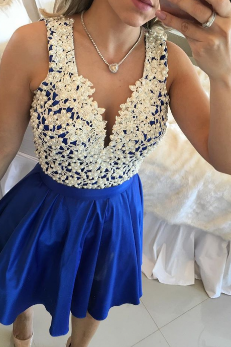 Homecoming Dress,Short Homecoming Dresses,Royal Blue V Neck Sheer Back Homecoming Dress,Beautiful Prom Gown,Cocktail Dress