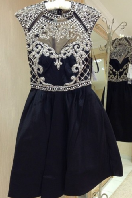 Beaded Navy Blue High Neck Open Back Taffeta Homecoming Dress Beautiful Prom Gown,cocktail Dress