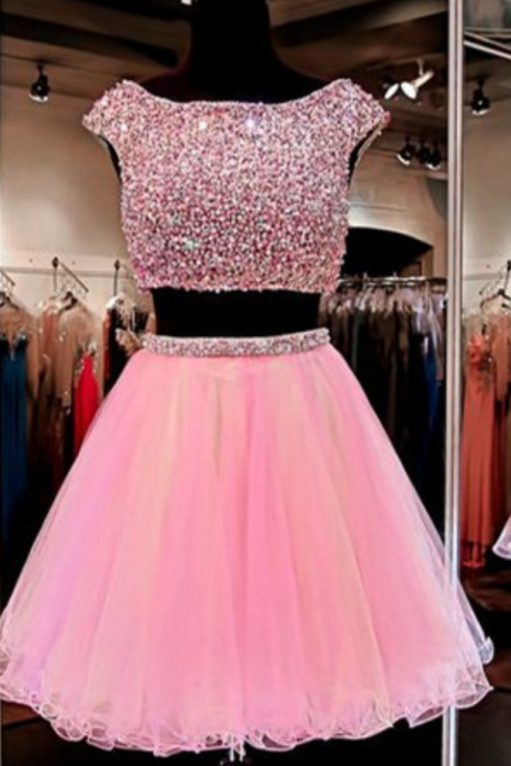 Pink Homecoming Dress,2 Piece Homecoming Dresses,Beading Homecoming Gowns,Short Prom Gown,Sweet 16 Dress,Bling Homecoming Dress,2 pieces Cocktail Dress,Yellow Evening Gowns