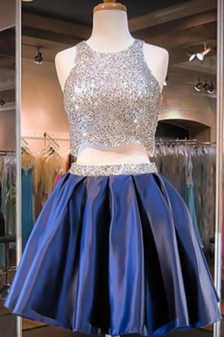  Navy Blue Homecoming Dress,2 Piece Homecoming Dresses,Beading Homecoming Gowns,Short Prom Gown,Sweet 16 Dress,Bling Homecoming Dress,2 pieces Cocktail Dress,Evening Gowns
