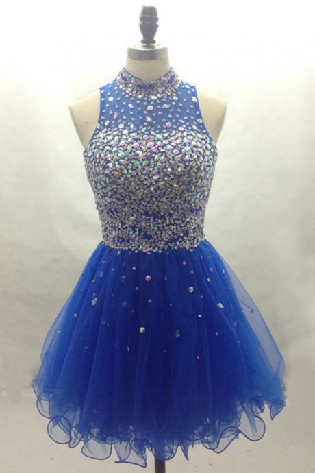 Royal Blue Homecoming Dress,sparkle Homecoming Dresses,beautiful Homecoming Gowns,fashion Prom Gowns,beading Sweet 16 Dress,hign Neckline