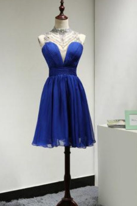 Royal Blue Homecoming Dress,Short Prom Dresses,Chiffon Homecoming Gowns,Fitted Party Dress,Silver Beading Prom Dresses,Sparkly Cocktail Dress,backless Homecoming Gown,2016 Style Glitter Evening Gowns